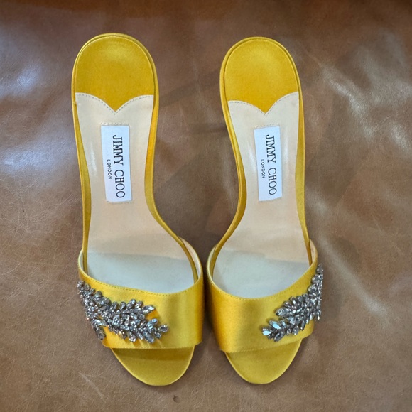 Jimmy Choo Stacy Yellow Satin Embellished Sandals - Picture 6 of 6